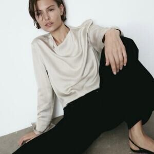 H&M Cowl-Neck Satin Blouse XL Elegant Quiet Luxury beige Wide Cuffs Viscose NEW